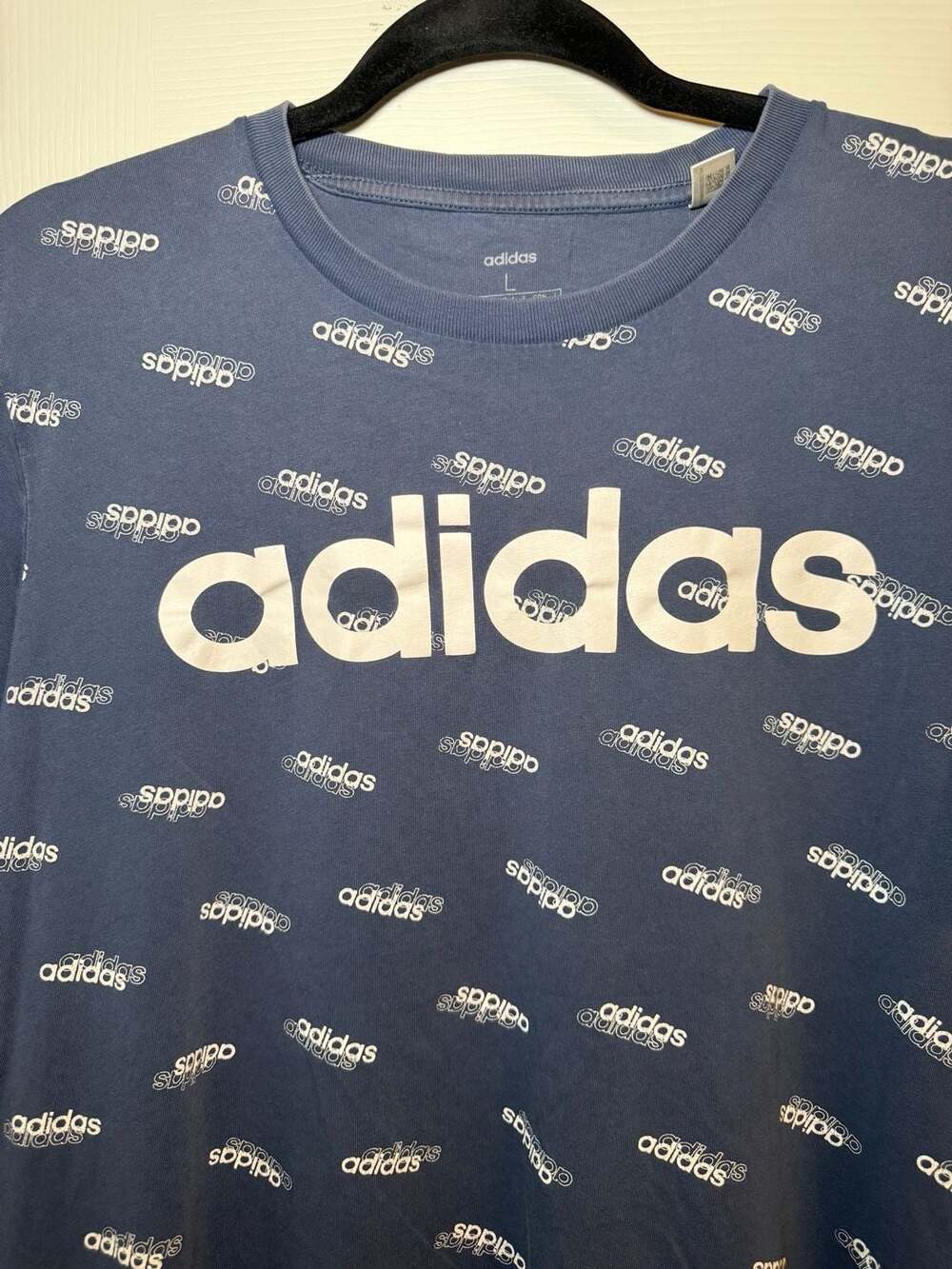 Adidas All Over Logo T-Shirt Size L Blue White Short Sleeve Graphic Tee